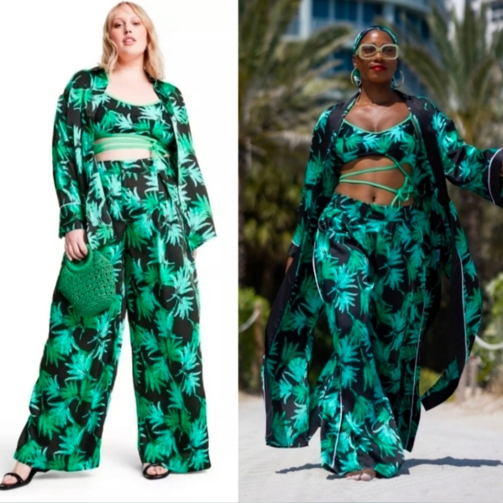 Fe Noel Black & Green Tropical Print Wide Leg Pants